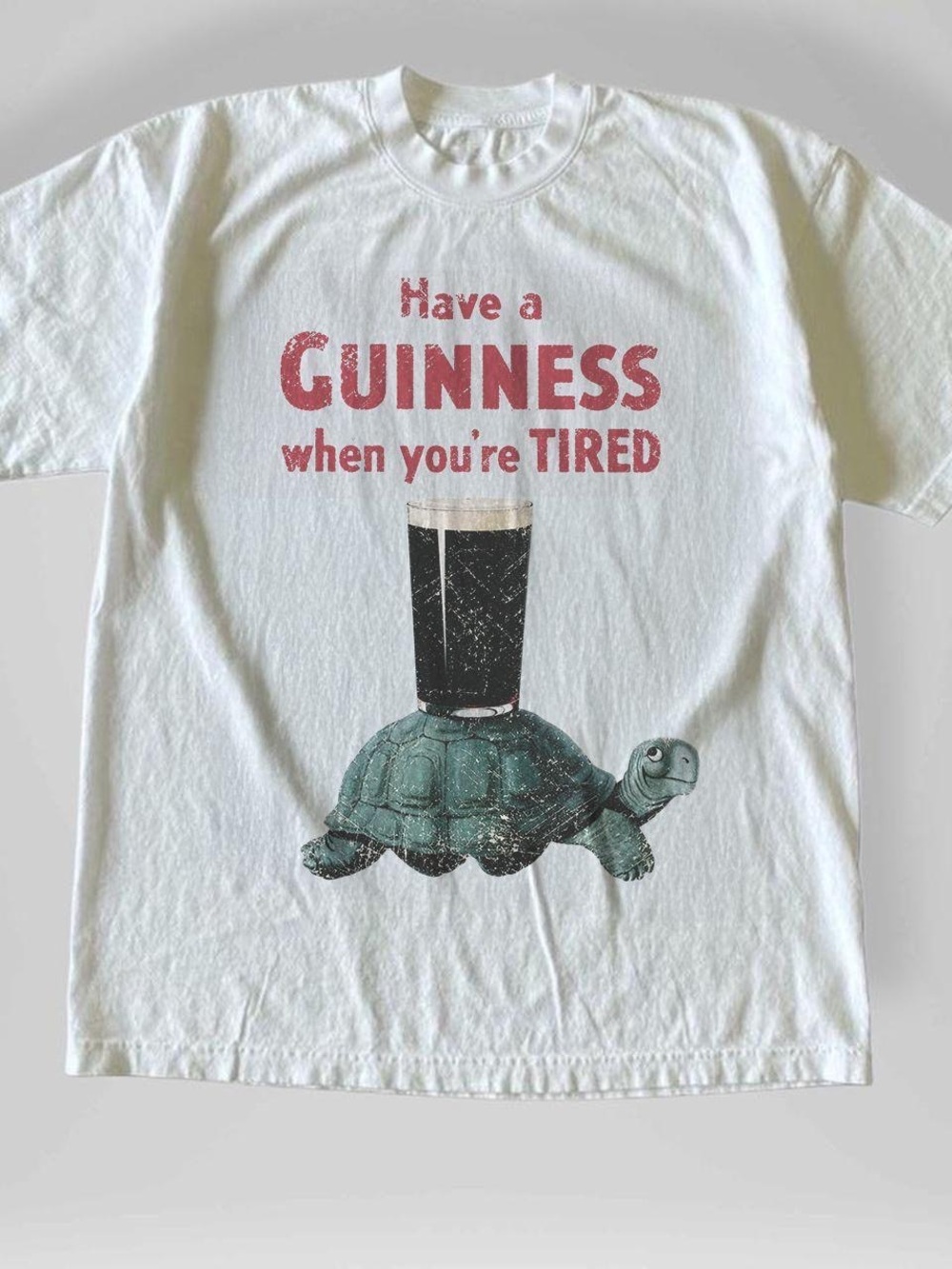 Gildan White Tee with Red Guinness Text and Teal Turtle Graphic